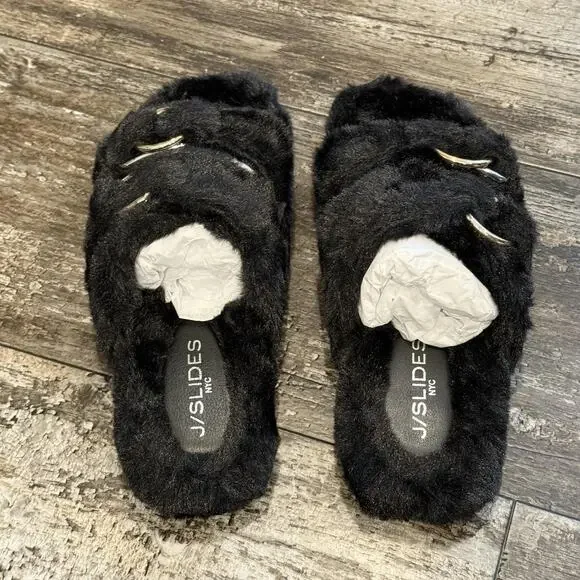 J/Slides NYC Shoes Womens Size 8 Black Faux Fur Bree Double Strap Slides NEW - Picture 8 of 11